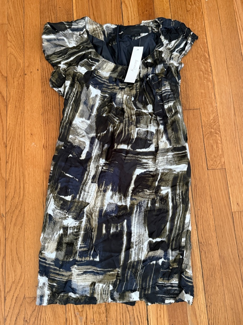NWT HANIIY Korea Abstract Print Ruffled Sleeve sheath Dress Black deadstock 40